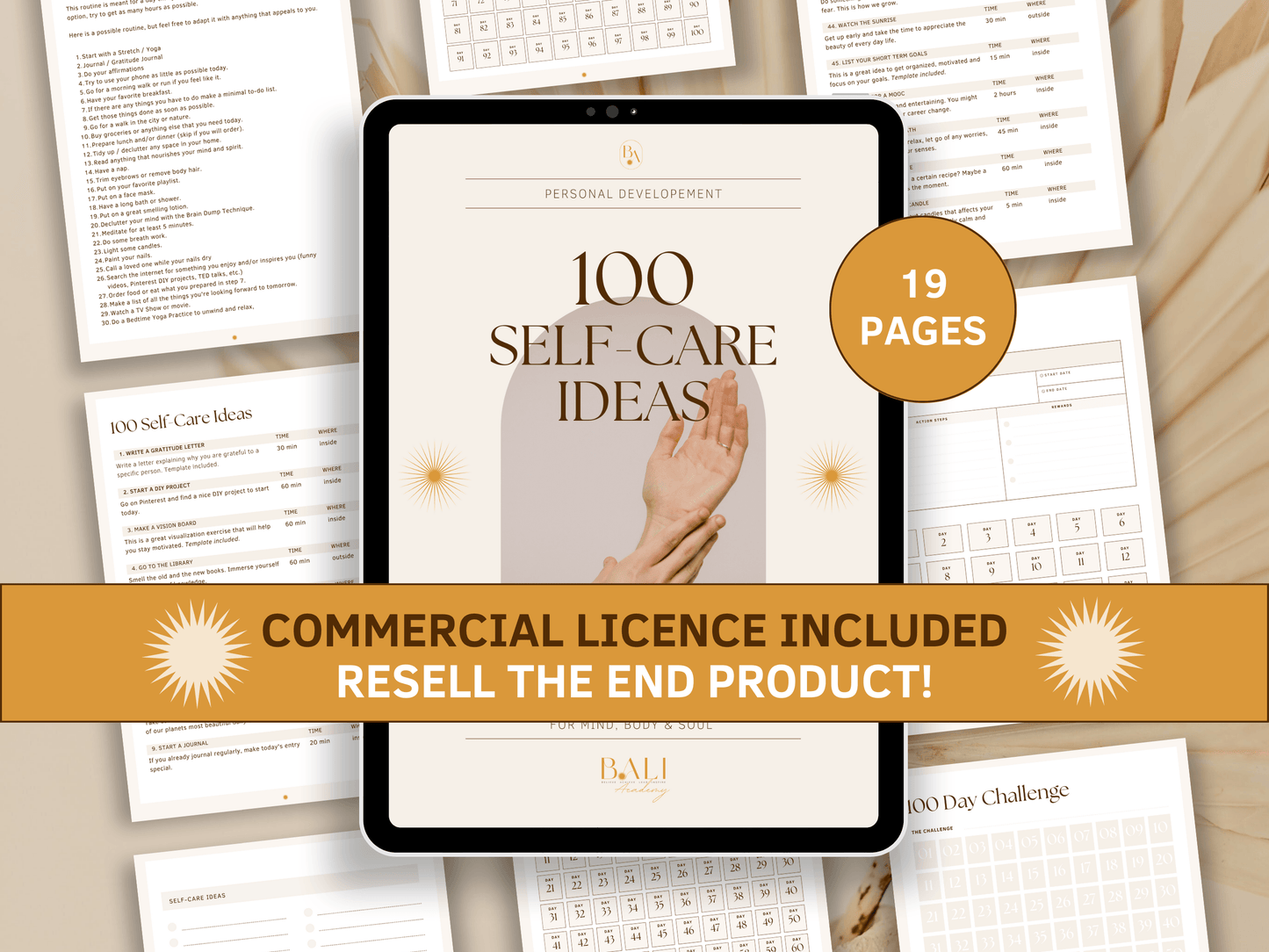 100 self care ideas editable in Canva with commercial licence included for resell. Boho and aesthetic slef care idea templates in the background with a tablet mockup for content creators and business owners.