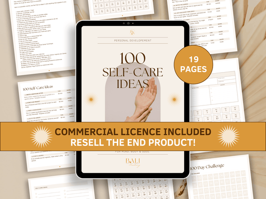 100 self care ideas editable in Canva with commercial licence included for resell. Boho and aesthetic slef care idea templates in the background with a tablet mockup for content creators and business owners.