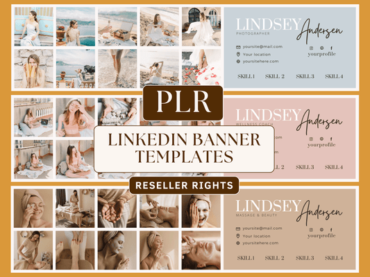PLR LinkedIn banner templates editable in Canva for resell with private label rights. Boho and aesthetic banner templates with aesthetic font and different pictures and colors in the background for content creators and business owners. 