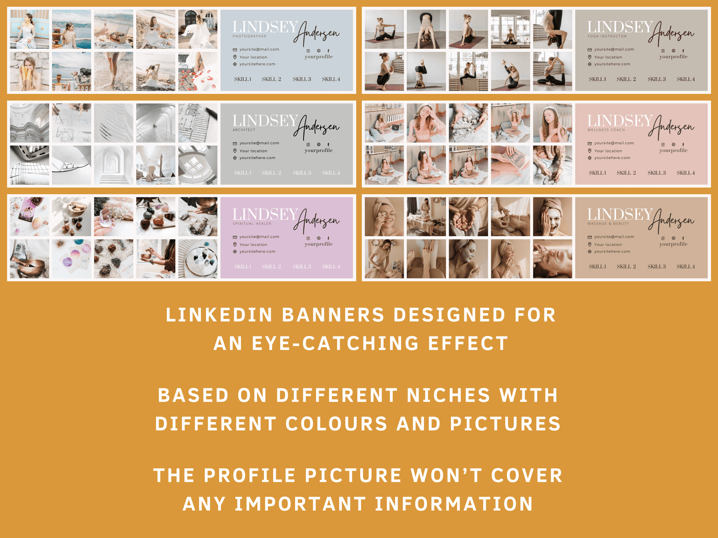 Boho and aesthetic LinkedIn banner templates designed for an eye-catching effect. Based on different niches with different colours and pictures. The profile picture won't cover any important information. It's all editable in Canva. For content creators and business owners.
