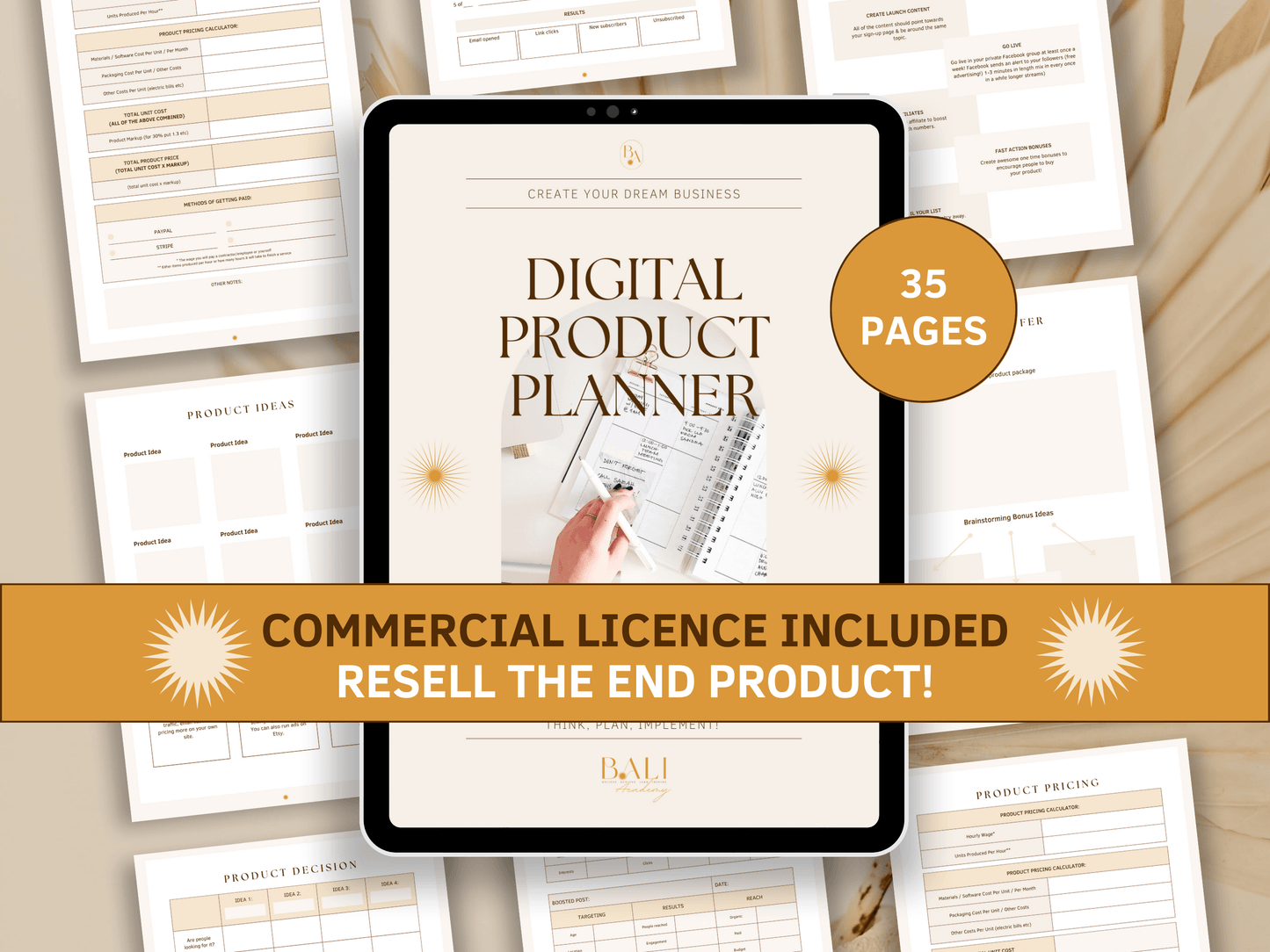 Digital product done-for-you planner editable in Canva with included commercial license for resell. Tablet mockup in the background with aesthetic and boho digital product planner templates for your business.