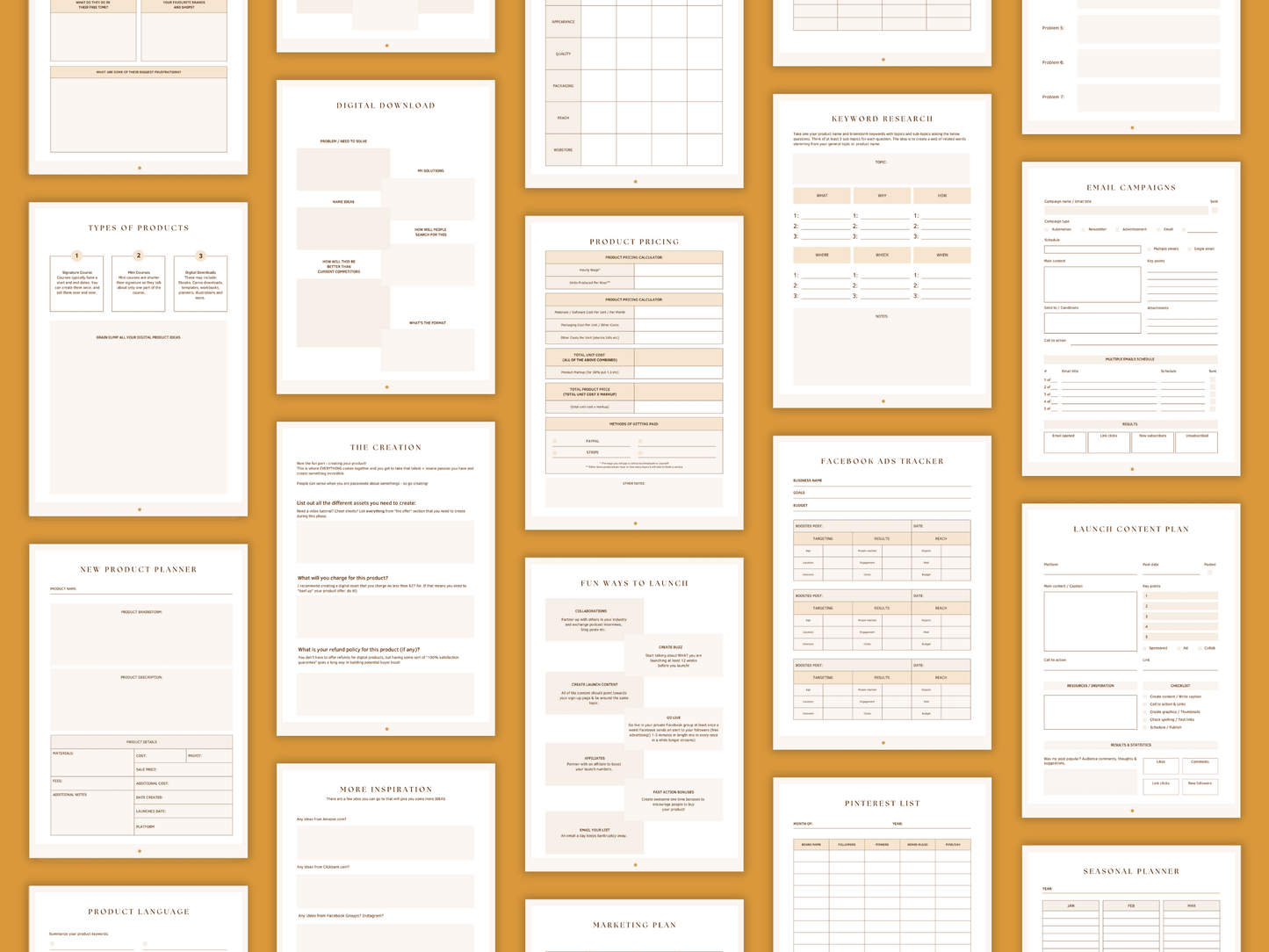 Aesthetic and boho digital product done-for-you planner templates which include e.g. new product planner, fun ways to launch, keyword research, etc. for content creators and business owners. It's editable in Canva.