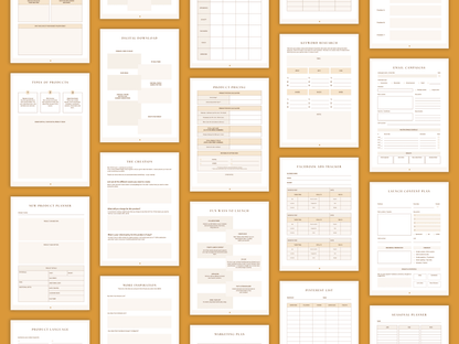 Aesthetic and boho digital product done-for-you planner templates which include e.g. new product planner, fun ways to launch, keyword research, etc. for content creators and business owners. It's editable in Canva.