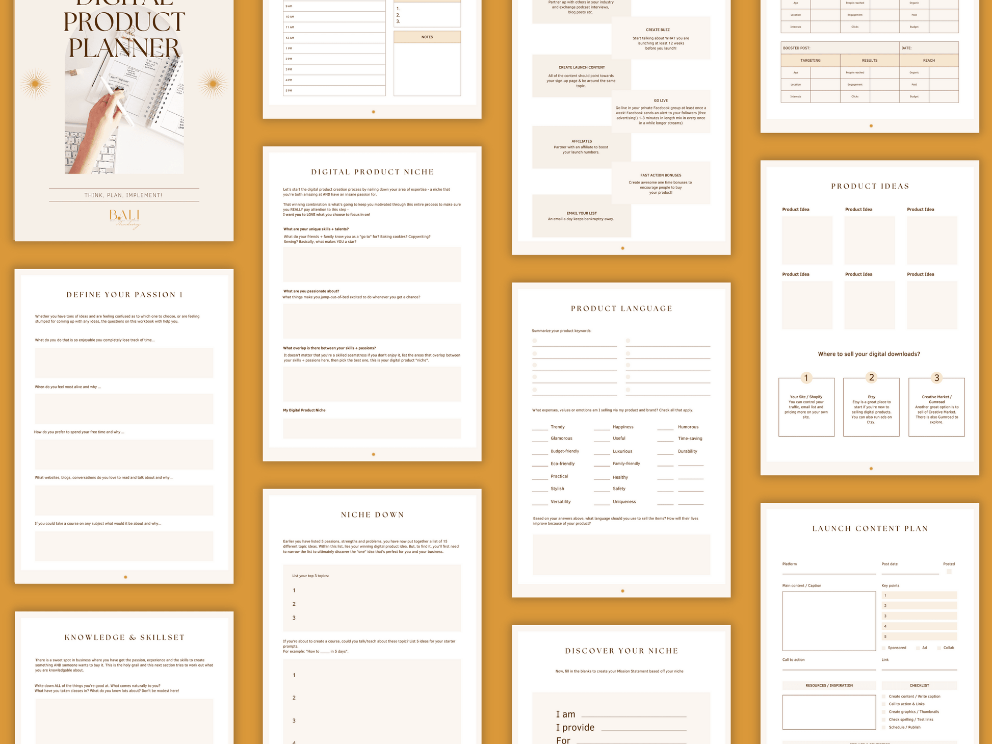 Aesthetic and boho digital product done-for-you planner templates which include e.g. digital product niche, product language, product ideas, etc. for content creators and business owners. It's editable in Canva.