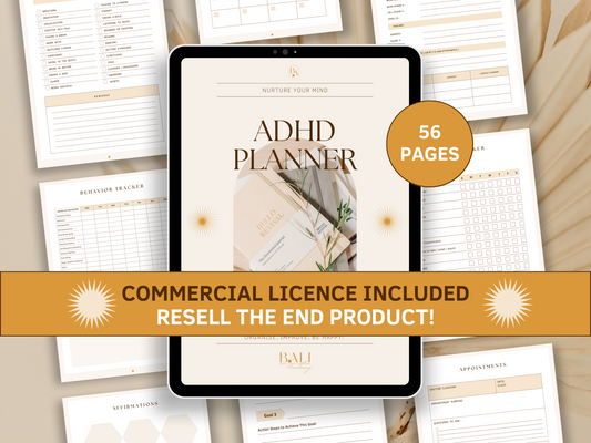ADHD digital done-fo-you planner with included commercial licence for resell. Aesthetic and boho ADHD planner templates in the background with  a tablet mockup for your business. It's editable in Canva.