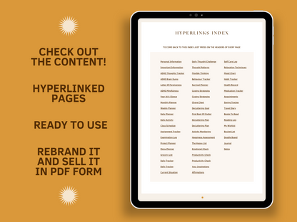 Tablet mockup with an ADHD digital done-for-you planner hyperlinked index template with aesthetic font and boho style for content creators and business owners. It's ready to use and editable in Canva
