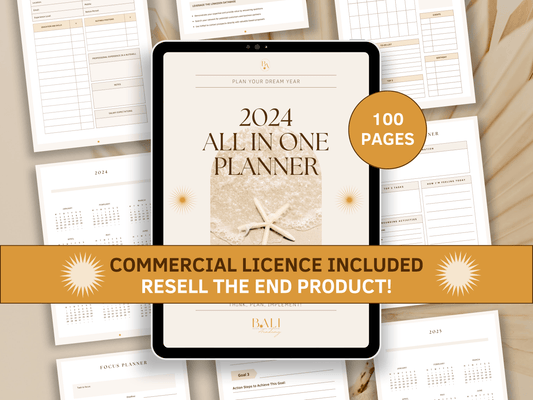 All in One done-for-you 2024 planner editable in Canva with included commercial license for resell. Tablet mockup in the background with aesthetic and boho All in One 2024 planner templates for your business.