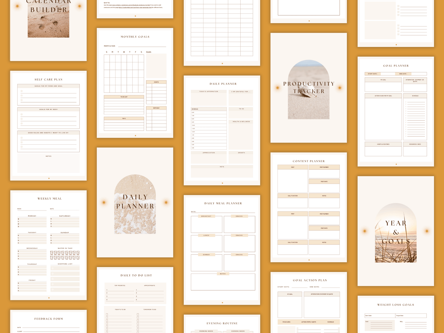 Aesthetic and boho All in One done-for-you 2024 planner templates which include e.g. calendar builder, daily planner, productivity tracker, etc. for content creators and business owners. It's editable in Canva.