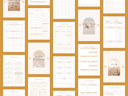 Aesthetic and boho All in One done-for-you 2024 planner templates which include e.g. calendar builder, daily planner, productivity tracker, etc. for content creators and business owners. It's editable in Canva.