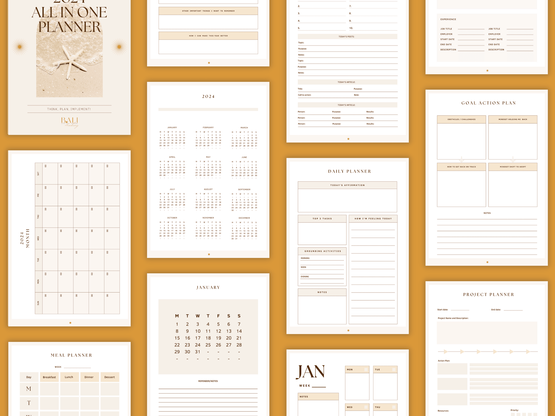 Aesthetic and boho All in One done-for-you 2024 planner templates which include e.g. meal planner, daily planner, project planner, etc. for content creators and business owners. It's editable in Canva.