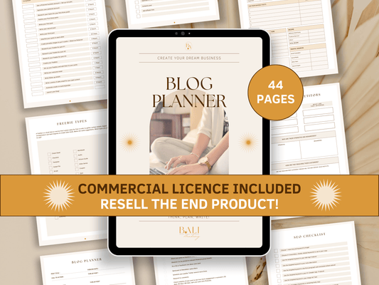 Blog content done-for-you planner editable in Canva with included commercial license for resell. Tablet mockup in the background with aesthetic and boho blog content planner templates for your business.