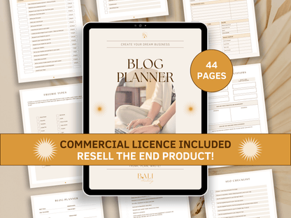 Blog content done-for-you planner editable in Canva with included commercial license for resell. Tablet mockup in the background with aesthetic and boho blog content planner templates for your business.