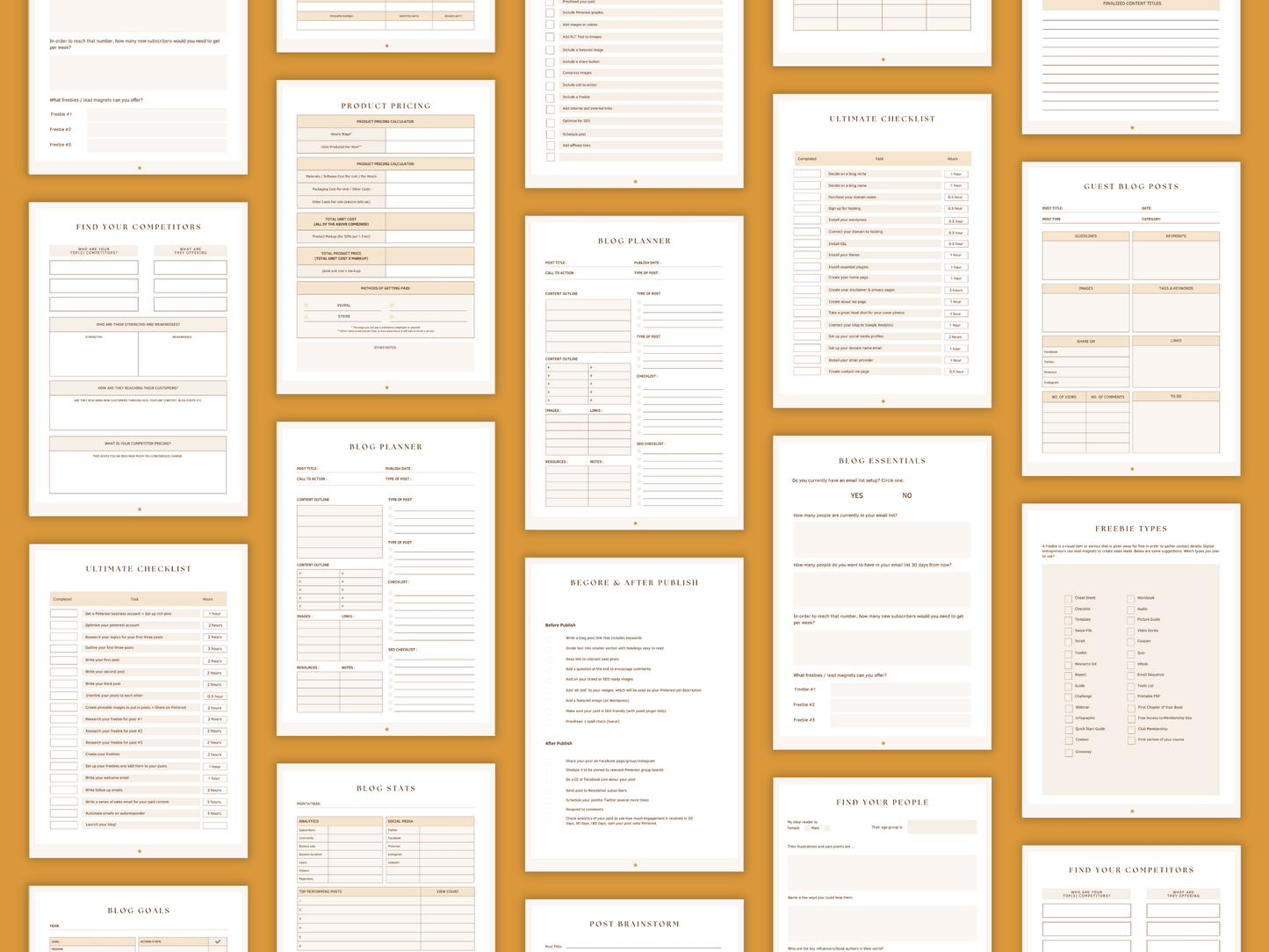 Aesthetic and boho blog content done-for-you planner templates which include e.g. blog essentials, ultimate checklist, blog planner, etc. for content creators and business owners. It's editable in Canva.