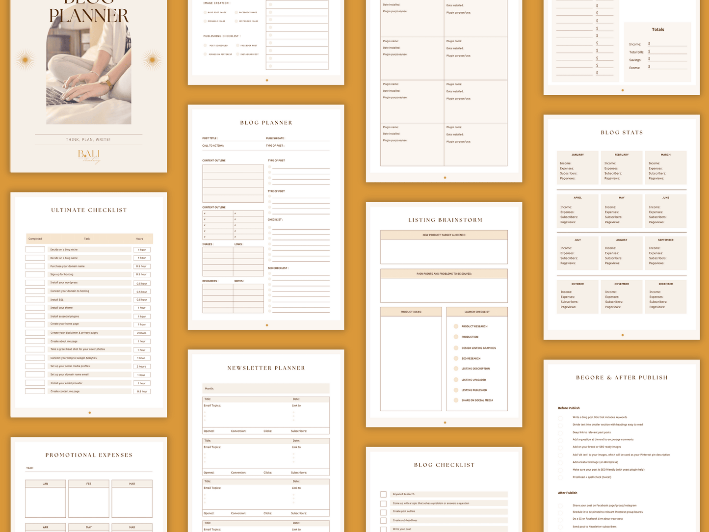 Aesthetic and boho blog content done-for-you planner templates which include e.g. blog stats, blog checklist, promotional expenses, etc. for content creators and business owners. It's editable in Canva.