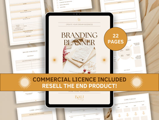 Branding done-for-you planner editable in Canva with included commercial license for resell. Tablet mockup in the background with aesthetic and boho branding planner templates for your business.