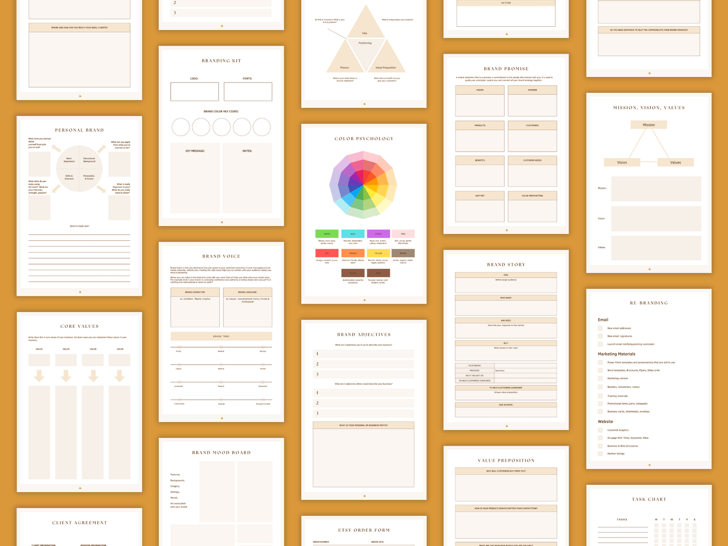 Aesthetic and boho branding done-for-you planner templates which include e.g. branding kit, brand adjective, brand mood board, etc. for content creators and business owners. It's editable in Canva.