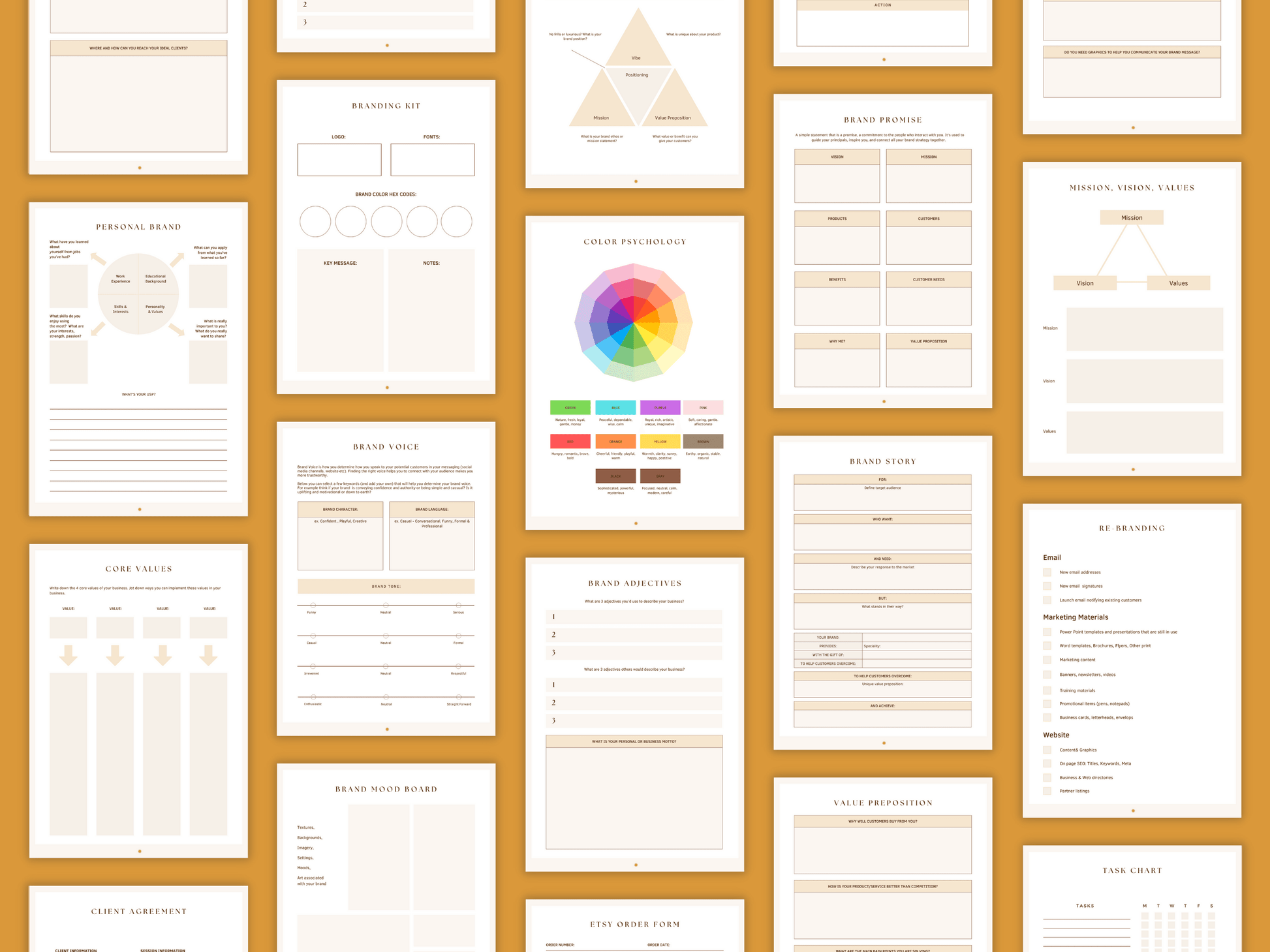Aesthetic and boho branding done-for-you planner templates which include e.g. branding kit, brand adjective, brand mood board, etc. for content creators and business owners. It's editable in Canva.
