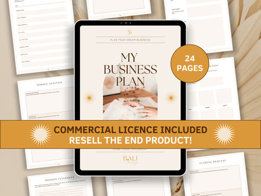 StartUp Business done-for-you planner editable in Canva with included commercial license for resell. Tablet mockup in the background with aesthetic and boho StartUp Business planner templates for content creators and business owners.