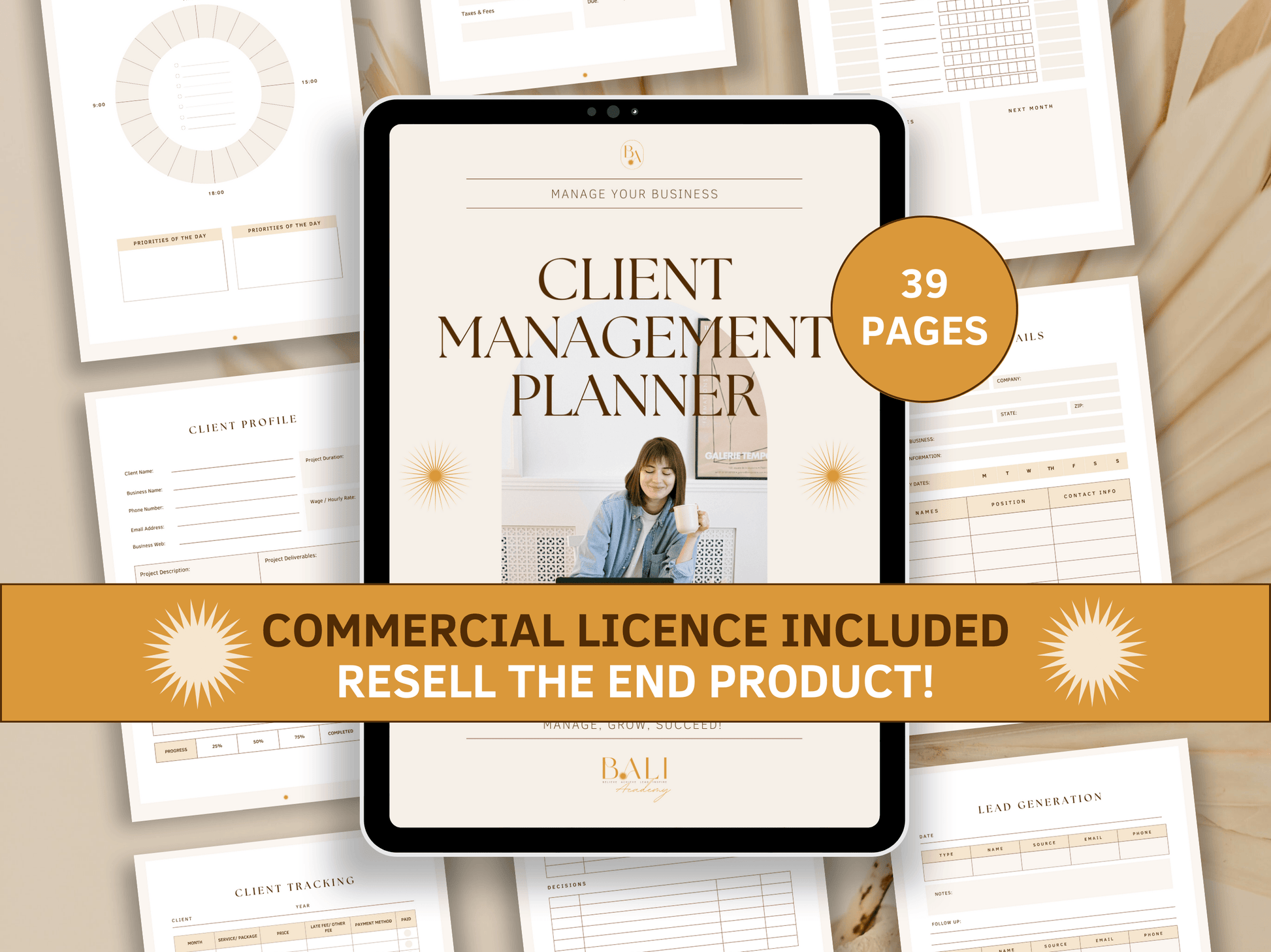 Client management done-for-you planner with included commercial licence for resell. Boho and aesthetic client tracker bookkeeping template for small business in the background with a tablet mockup for your business. It's editable in Canva.