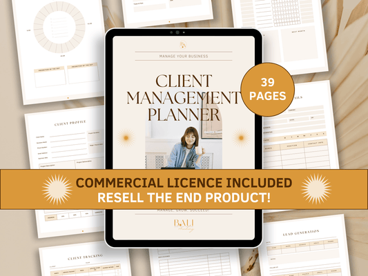 Client management done-for-you planner with included commercial licence for resell. Boho and aesthetic client tracker bookkeeping template for small business in the background with a tablet mockup for your business. It's editable in Canva.