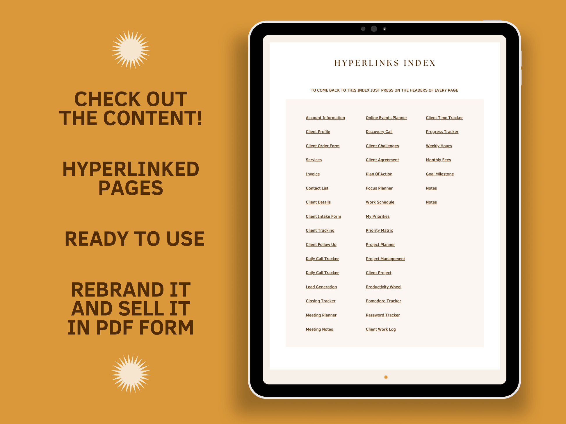 Tablet mockup with a client management done-for-you planner hyperlinked index template with aesthetic font and boho style for content creators and business owners. It's ready to use and editable in Canva.