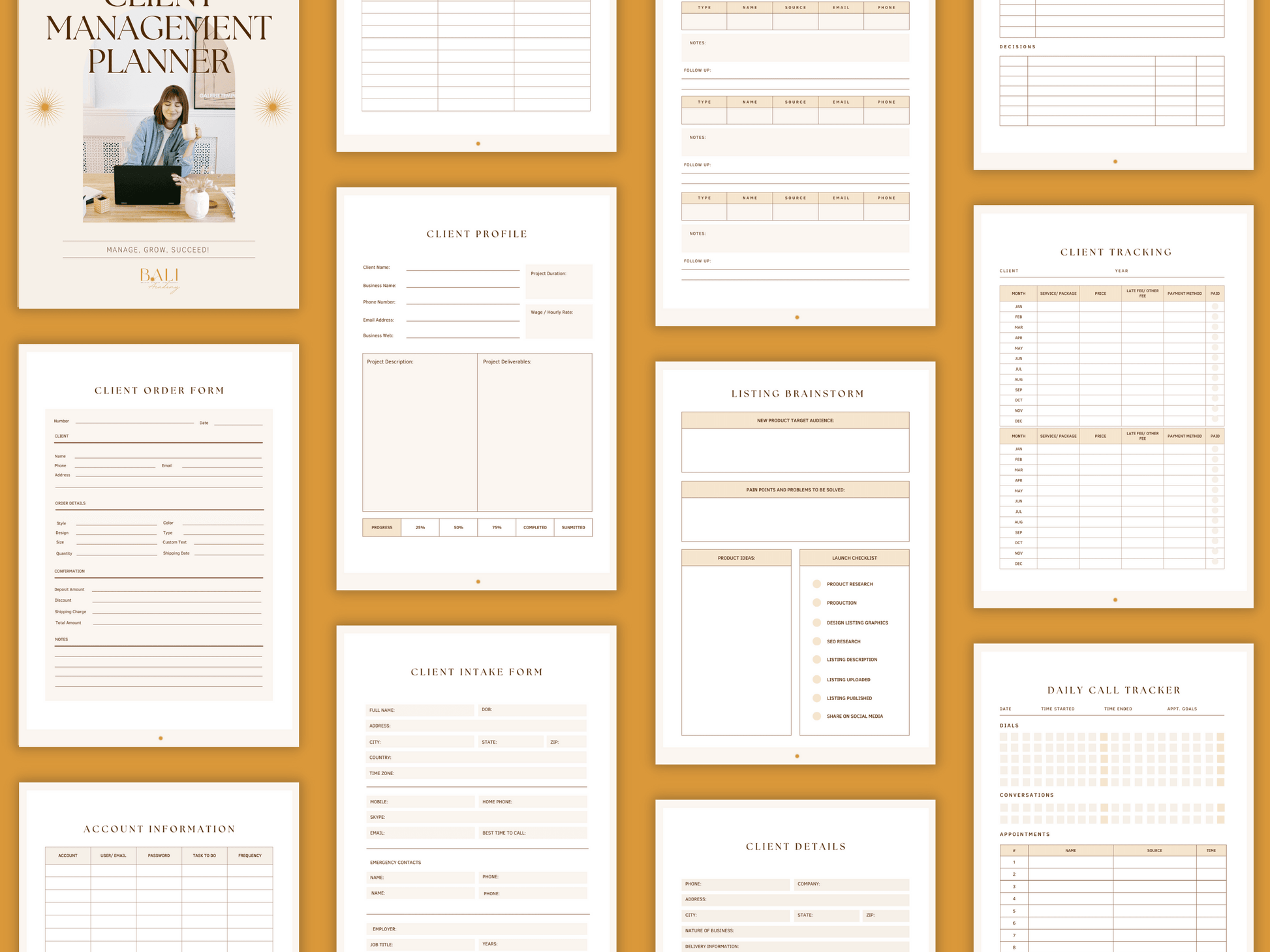 Boho and aesthetic client management done-for-you planner templates which include e.g. client profile client intake form, client tracking and much more for business owners and content creators. It's editable in Canva.