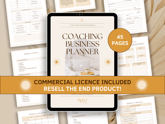 Coaching business done-for-you planner with included commercial licence for resell. Aesthetic and boho coaching business planner templates in the background with a tablet mockup for content creator and business owners. It's editable in Canva.