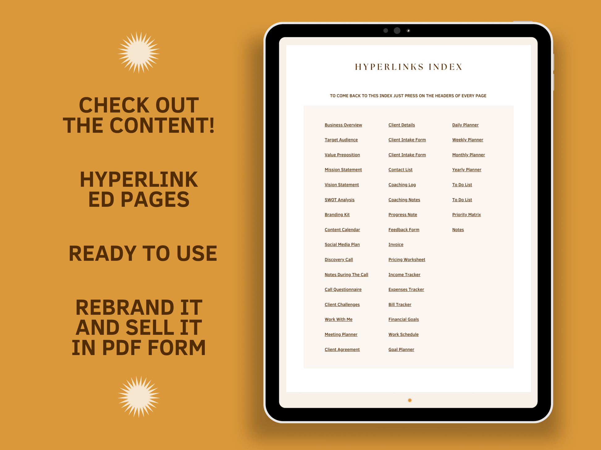 Tablet mockup with a coaching business done-for-you planner hyperlinked index template with aesthetic font and boho style for content creators and business owners. It's ready to use and editable in Canva.