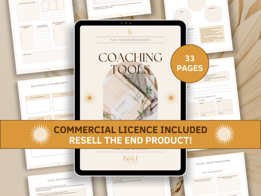 Coaching tools worksheets with included commercial licence for resell. Aesthetic and boho coaching tool templates in the background with a tablet mockup for business owners and content creators. It's editable in Canva.