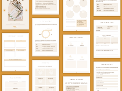 Aesthetic and boho coaching tools worksheets done-for-you templates which include e.g. power questions, getting go worksheet, daily gratitude and much more for your business. It's editable in Canva. 