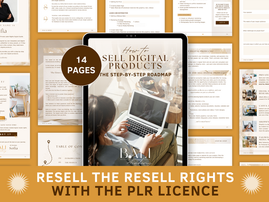 How To Sell Digital Products - The step-by-step PLR Roadmap for resell with private label rights. Tablet mockup and boho and aesthetic digital product guide templates in the background for content creators and business owners. It's editable in Canva. 
