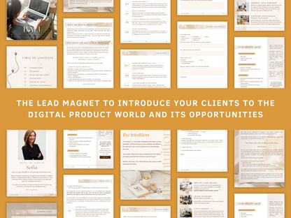 How To Sell Digital Products - The step-by-step PLR lead magnet to introduce your clients to the digital product world and its opportunities. You can see boho and aesthetic digital product guide templates in the background for your business. It's editable in Canva.