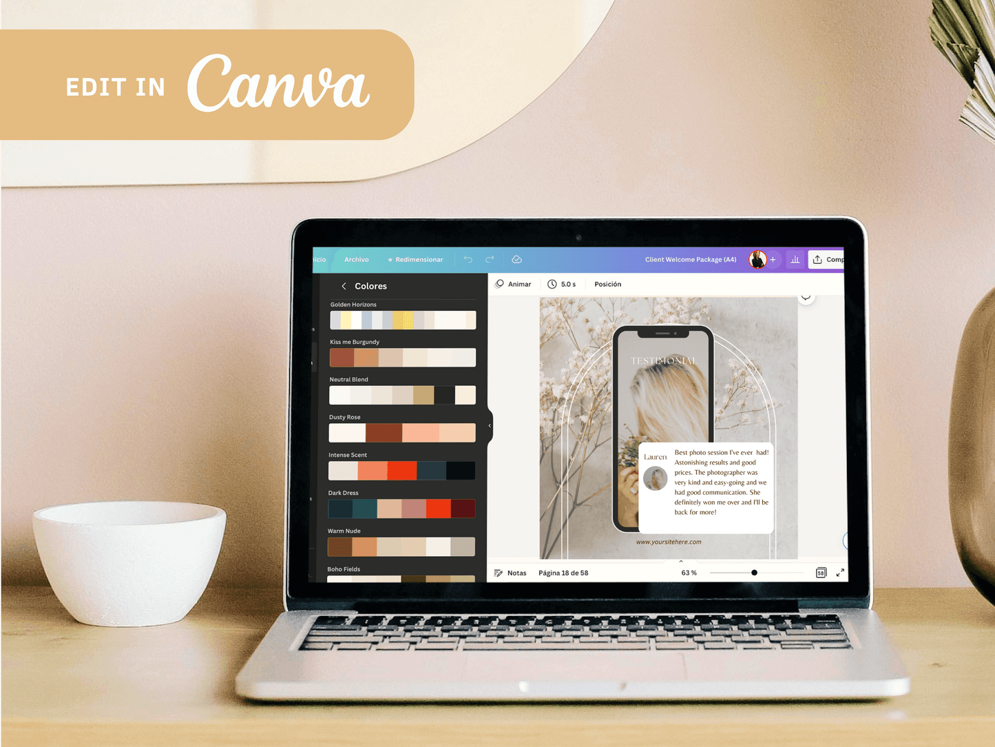 Edit in Canva! You can see a laptop mockup using the Canva software to edit a PLR template with aesthtetic font and boho elements for your business.