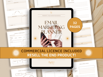 Email marketing done-for-you planner for newsletter content and strategy editable in Canva with included commercial licence for resell. Tablet mockup in the background with aesthetic and boho email marketing planner templates for your business.