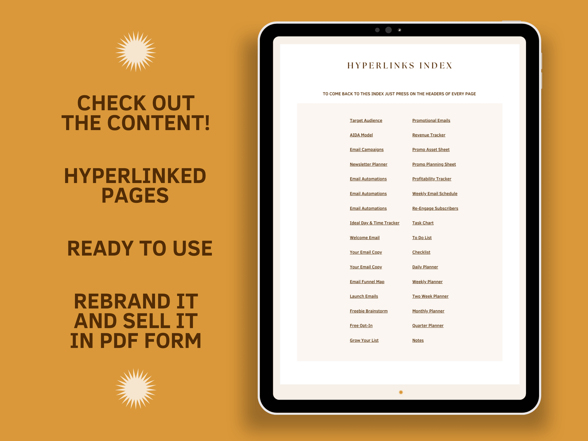 Tablet mockup with an email marketing planner hyperlinked index template with aesthetic font and boho style for content creators and business owners. It's ready to use and editable in Canva.