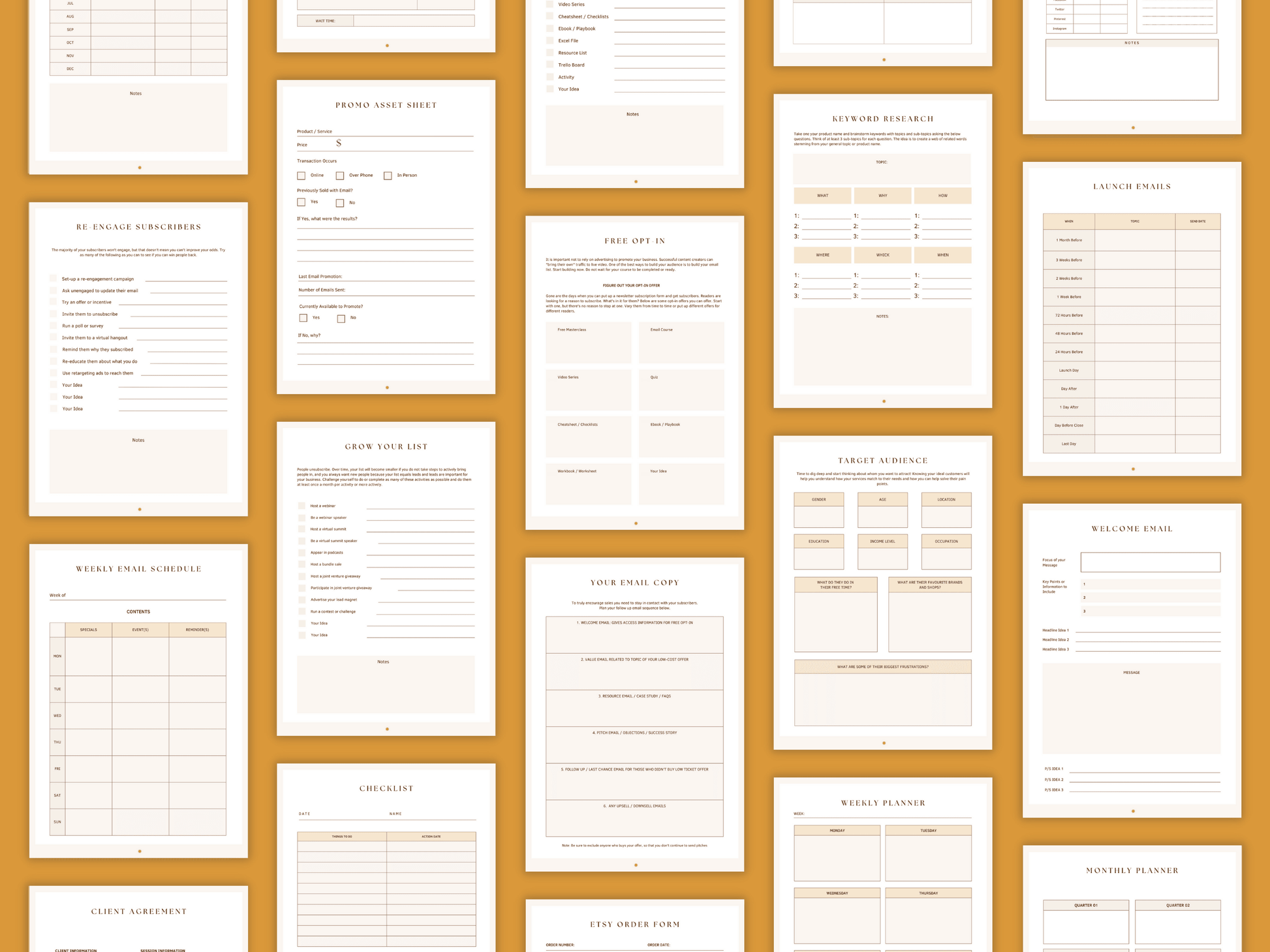 Aesthetic and boho Email marketing done-for-you planner templates which include e.g. promo asset sheet, weekly email schedule, launch emails, welcome email, etc. for content creators and business owners. It's editable in Canva.