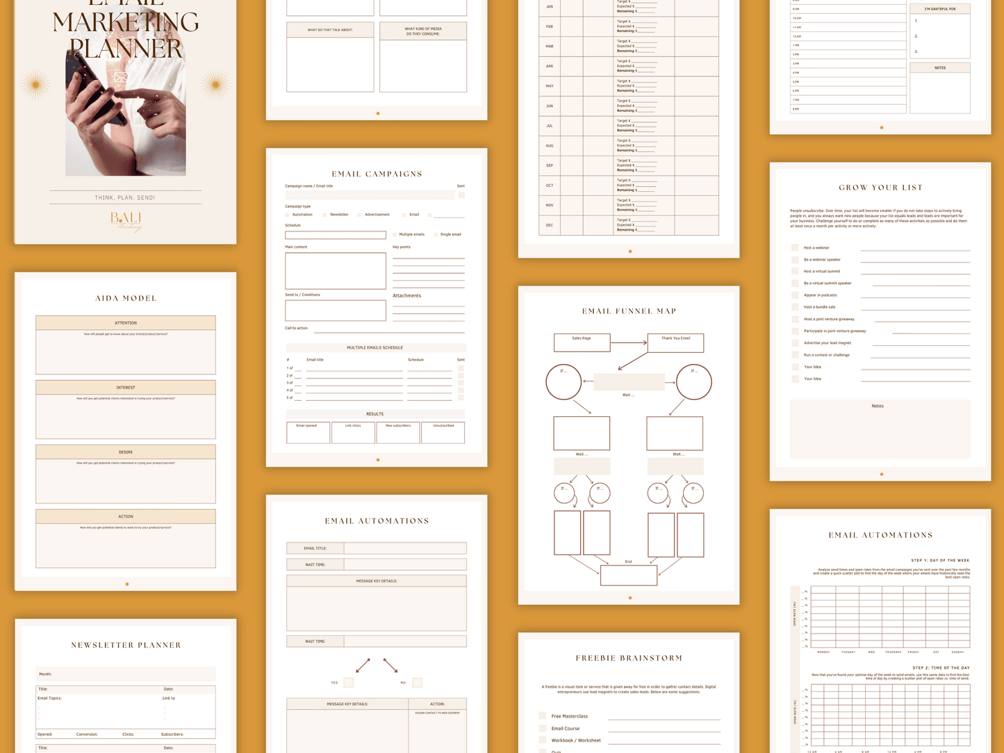 Aesthetic and boho Etsy shop done-for-you planner templates which include e.g. newsletter planner, email campaigns, email automations, etc. for content creators and business owners. It's editable in Canva.