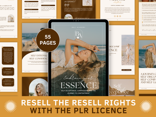 Embrace Your Essence PLR eBook & Workbook for resell with private label rights. Self-acceptance, compassion,a nd the journey to contentment. Tablet mockup and aesthetic and boho eBook section templates in the background for content creators and business owners. It's editable in Canva.
