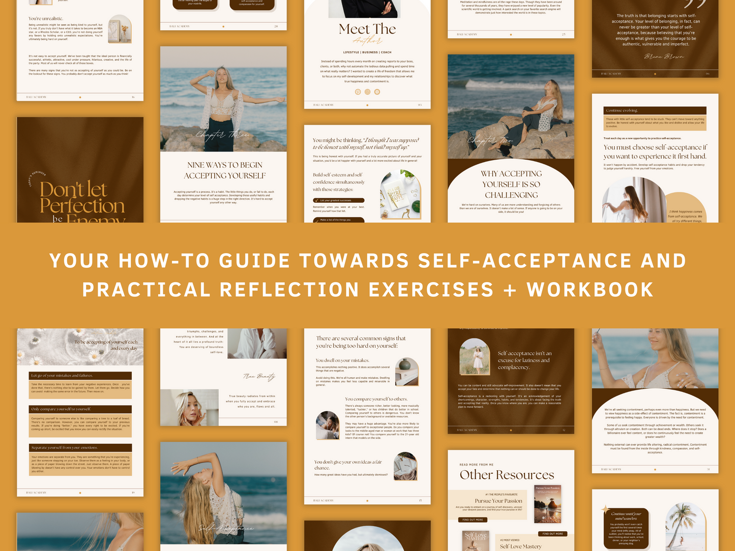 Embrace Your Essence PLR eBook & Workbook - Your How-To guide towards self-acceptance and practical reflection exercises. You can see aesthetic and boho eBook section templates in the background. It's editable in Canva.
