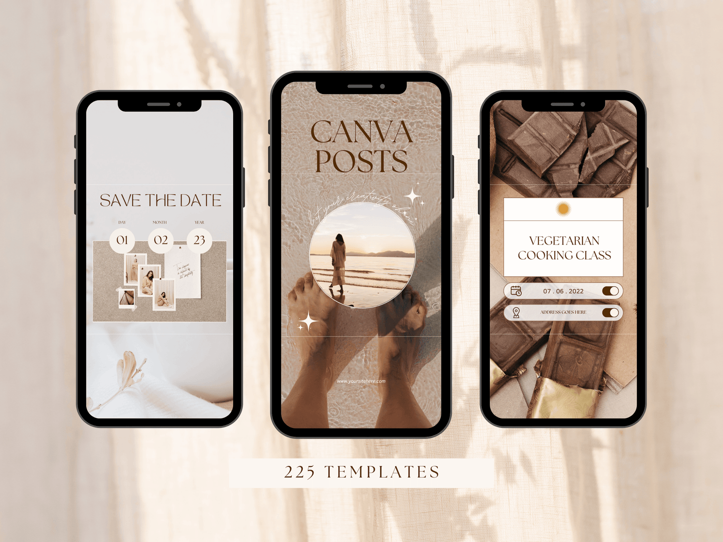 Phone mockups with aesthetic and boho story templates to instigate business engagement for content creators and entrepeneurs. It's editable in Canva.