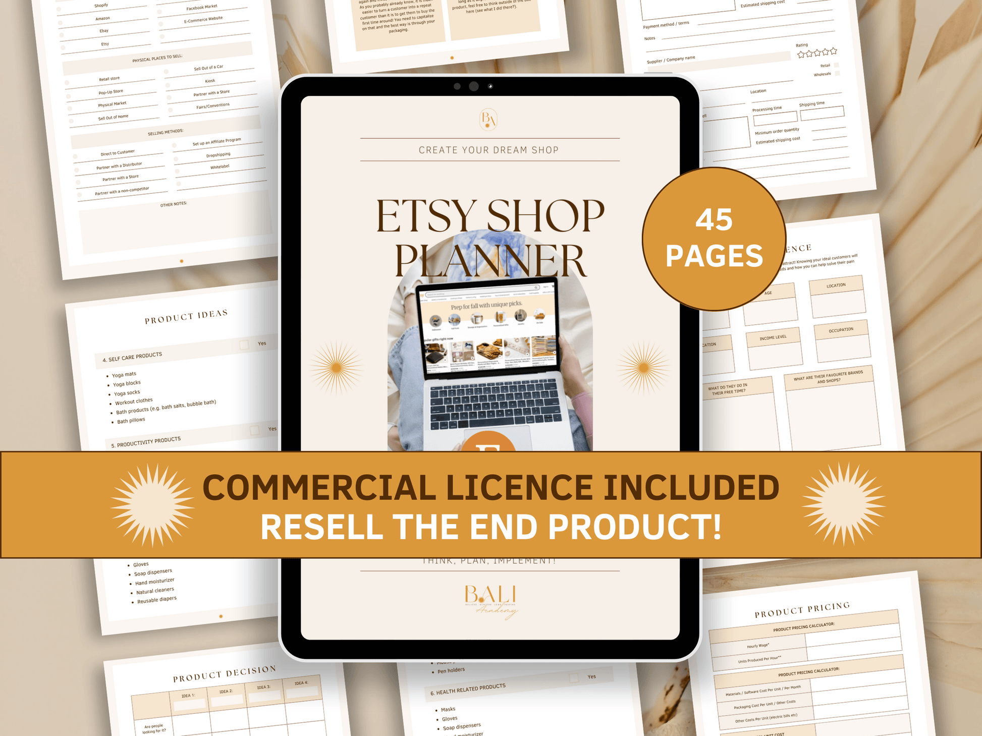 Etsy done-for-you planner editable in Canva with included commercial license for resell. Tablet mockup in the background with aesthetic and boho Etsy shop planner templates for your business.