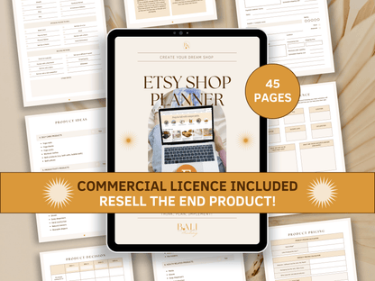 Etsy done-for-you planner editable in Canva with included commercial license for resell. Tablet mockup in the background with aesthetic and boho Etsy shop planner templates for your business.