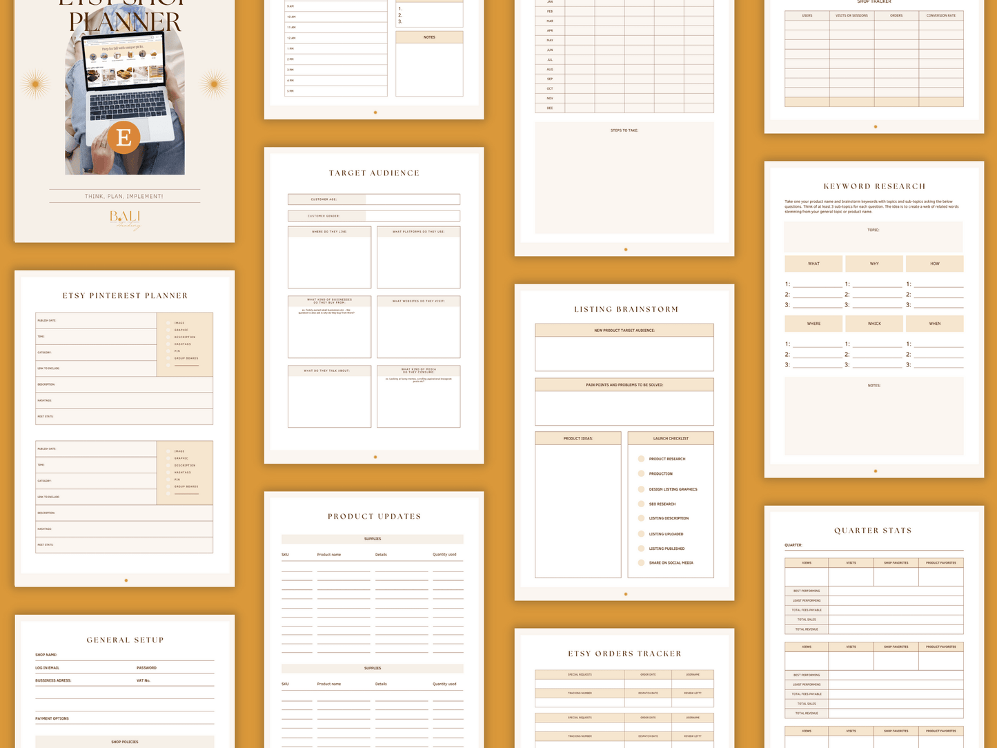 Aesthetic and boho Etsy shop done-for-you planner templates which include e.g. Etsy Pinterest planner, target audience, listing brainstorm, Etsy orders tracker, etc. for content creators and business owners. It's editable in Canva.