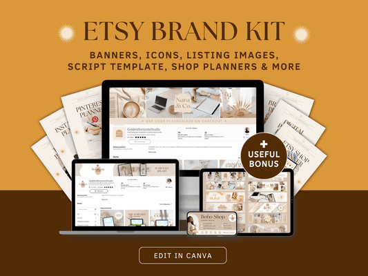 Etsy shop setup and branding kit editable in Canva for content creators and business owners. It includes aesthetic and boho banners, icons, listing images, script templates, shop planners and more. Different electronic devices mockups with aesthetic and professional Etsy shops in the background.