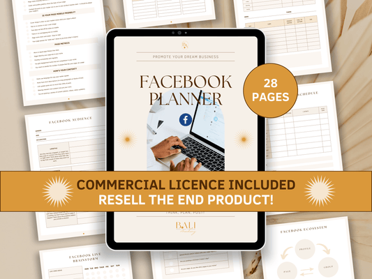 Facebook done-for-you planner with included commercial licence for resell. Boho and aesthetic Facebook planner templates with a tablet mockup for content creators and business owners. It's editable in Canva.