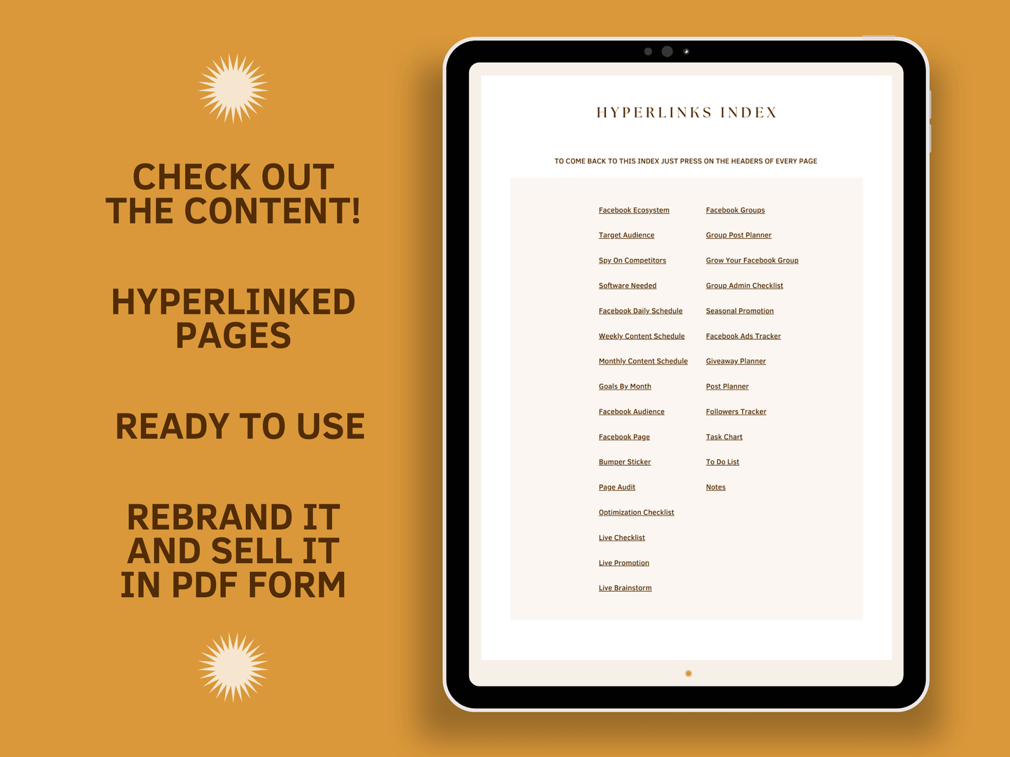 Tablet mockup with a Facebook done-for-you planner hyperlinked index template with aesthetic font and boho style for content creators and business owners. It's ready to use and editable in Canva.