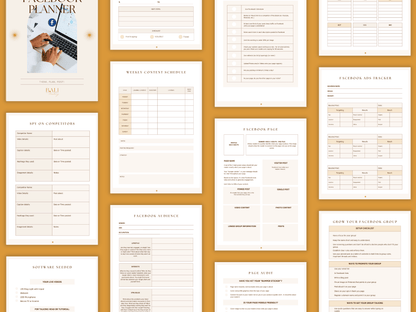Aesthetic and boho Facebook done-for-you planner templates which include e.g. Facebook page, Facebook audience, Facebook ads tracker and much more for your business. It's editable in Canva.