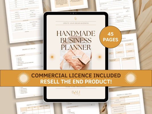 Handmade business done-for-you planner with included commercial licence for resell. Tablet mockup with aesthetic and boho handmade business planner templates in the background for your business. It's editable in Canva.