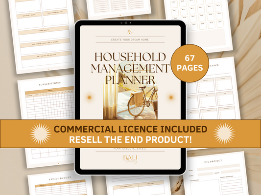 Household management done-for-you planner editable in Canva with included commercial licence for resell. Tablet mockup with aesthetic and boho household management planner templates in the background for content creators and business owners.