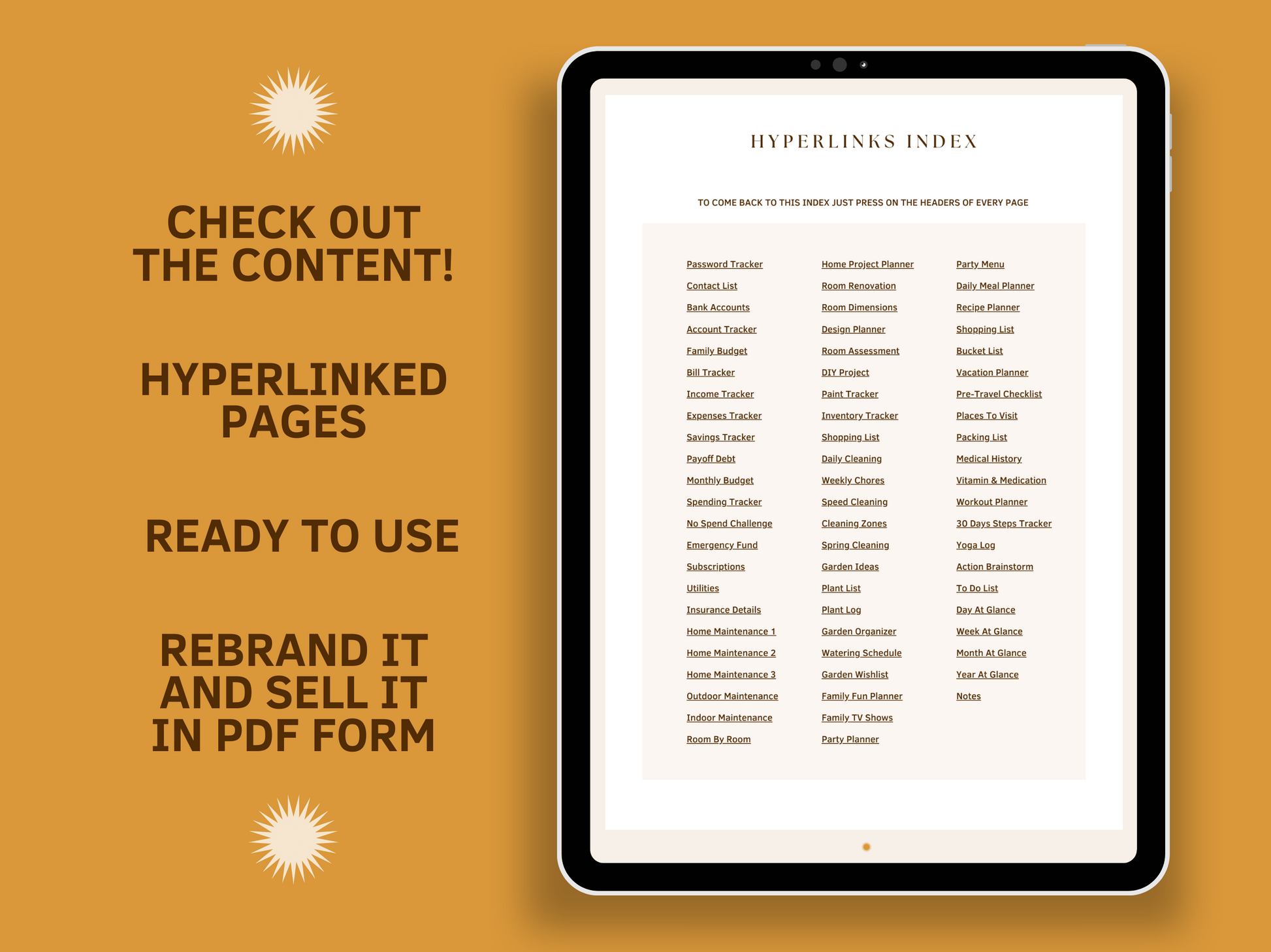 Tablet mockup with a household management done-for-you planner hyperlinked index template for content creators and business owners. It's ready to use and editable in Canva.